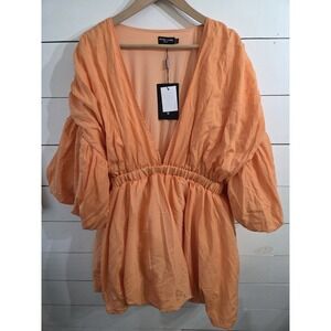 PRETTY LITTLE THING PUMPKIN ORANGE DEEP V BUBBLE DRESS SIZE 18 NWT